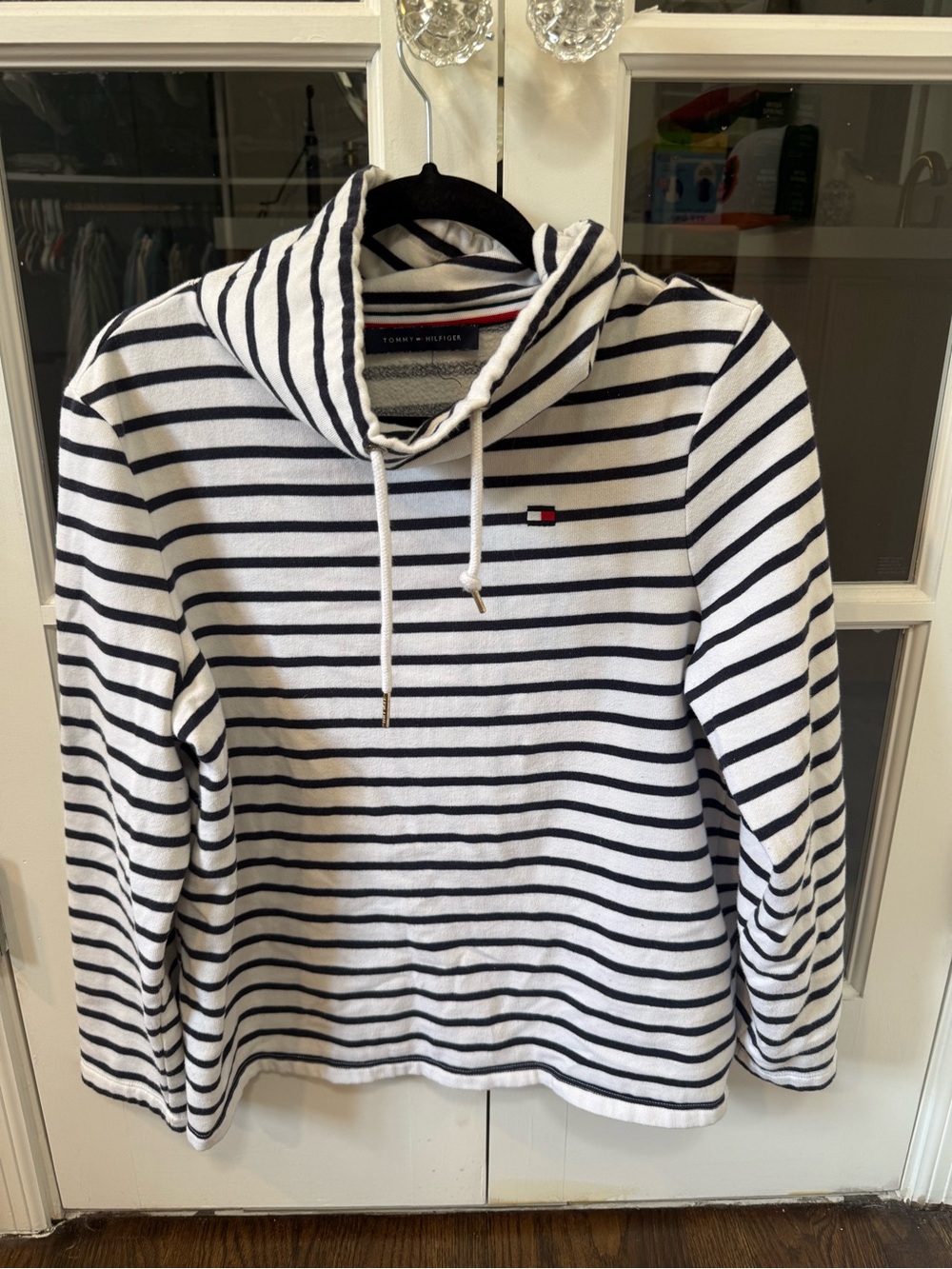 Tommy Hilfiger White and Navy Striped Cowl Neck Pullover